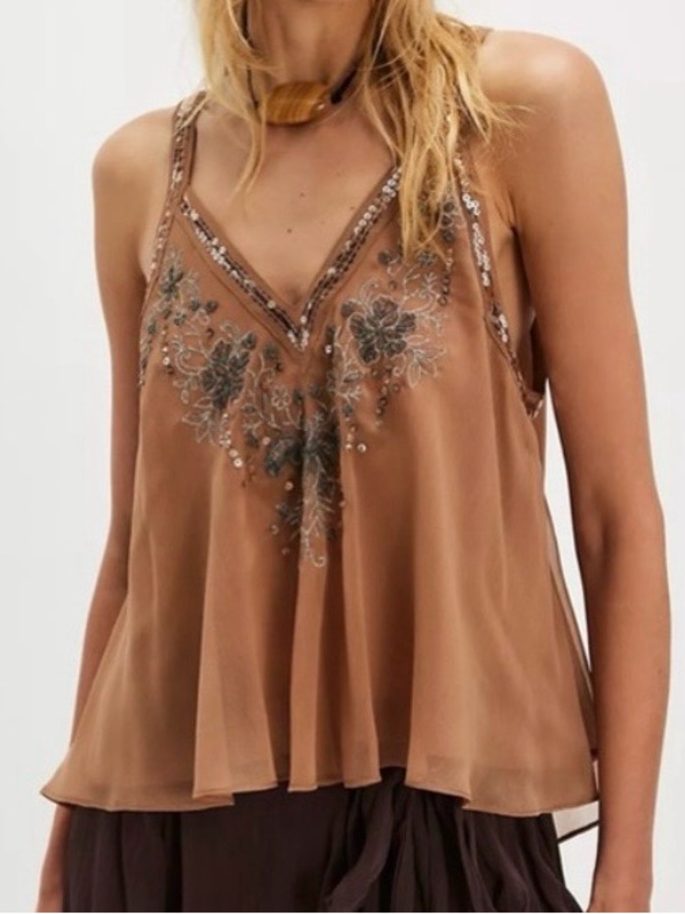 Free People Brown Sequin-Trim Floral V-Back Camisole